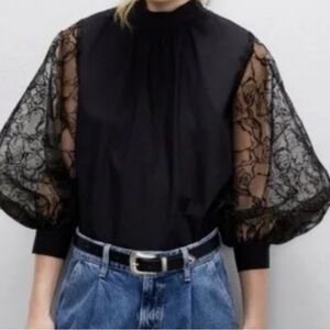 Zara Elegant Black Lace organza puffed Sleeve Women's Top